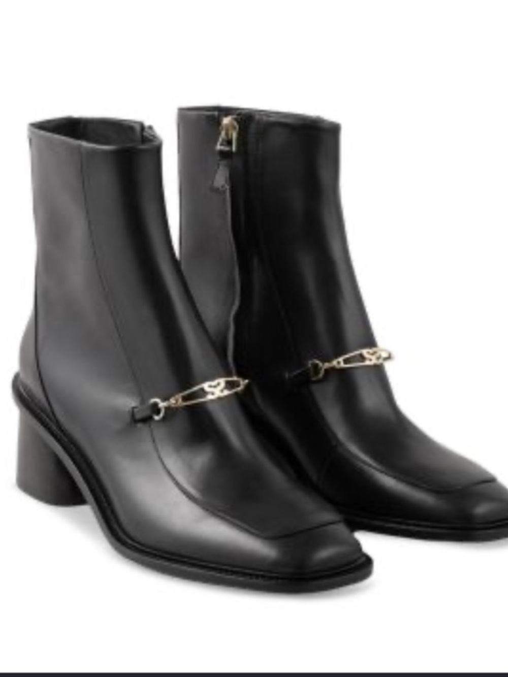 SANDRO Amber Square Toe Black Leather Ankle Boot Gold Chain Accent EU 38 US 7